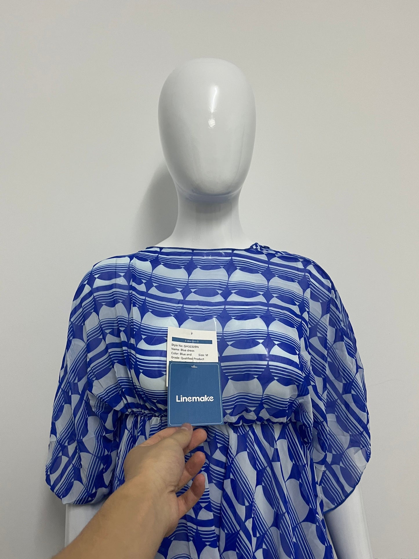 [Linemake Dresses]-Blue & White Geometric Chiffon Cover-Up Dress - Vacation-Style Flowy Sun-Protective Dress