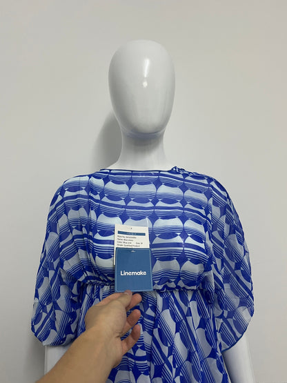 [Linemake Dresses]-Blue & White Geometric Chiffon Cover-Up Dress - Vacation-Style Flowy Sun-Protective Dress