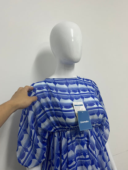 [Linemake Dresses]-Blue & White Geometric Chiffon Cover-Up Dress - Vacation-Style Flowy Sun-Protective Dress