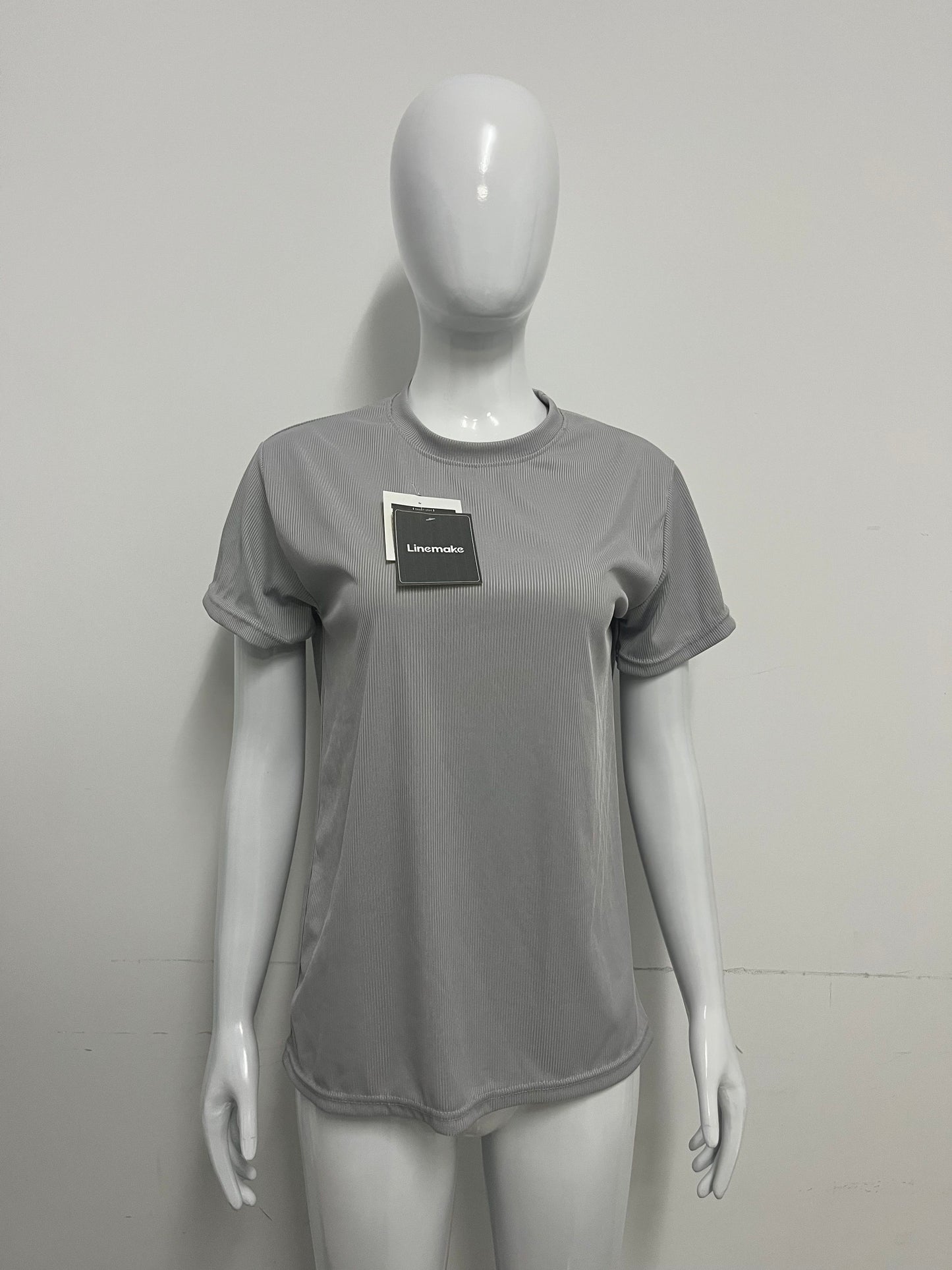 [Linemake Tee-shirts]-Light Gray Vertical Stripe Short-Sleeve Tee - Casual Slim-Fit Breathable Top