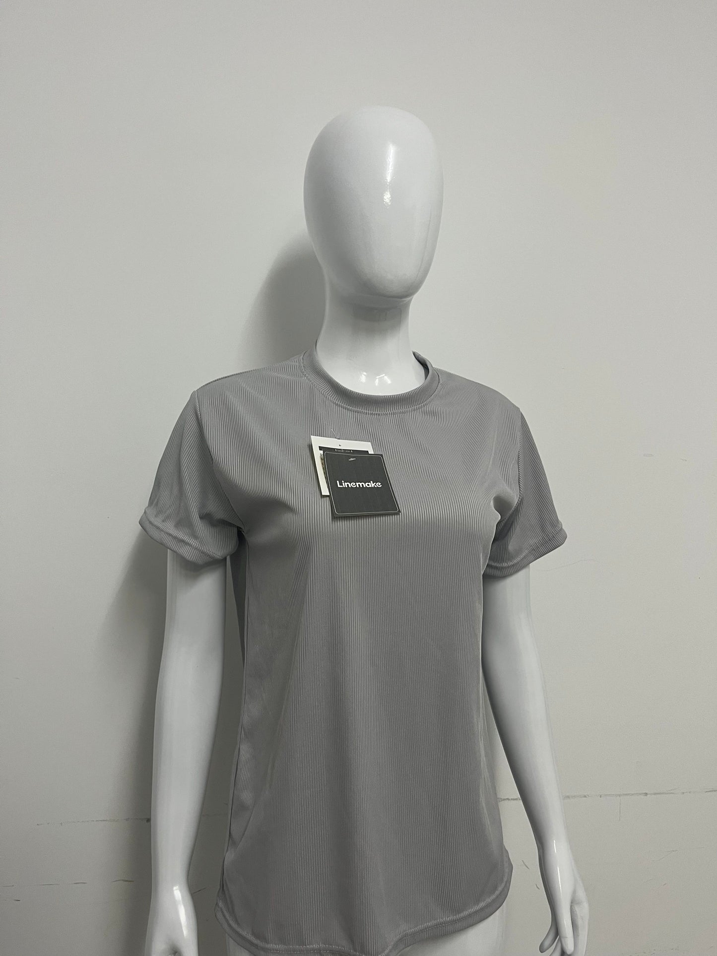 [Linemake Tee-shirts]-Light Gray Vertical Stripe Short-Sleeve Tee - Casual Slim-Fit Breathable Top