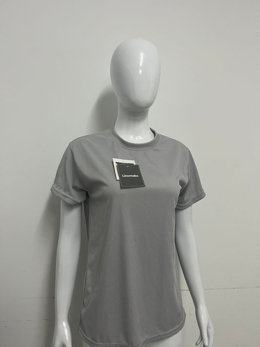 [Linemake Tee-shirts]-Light Gray Vertical Stripe Short-Sleeve Tee - Casual Slim-Fit Breathable Top