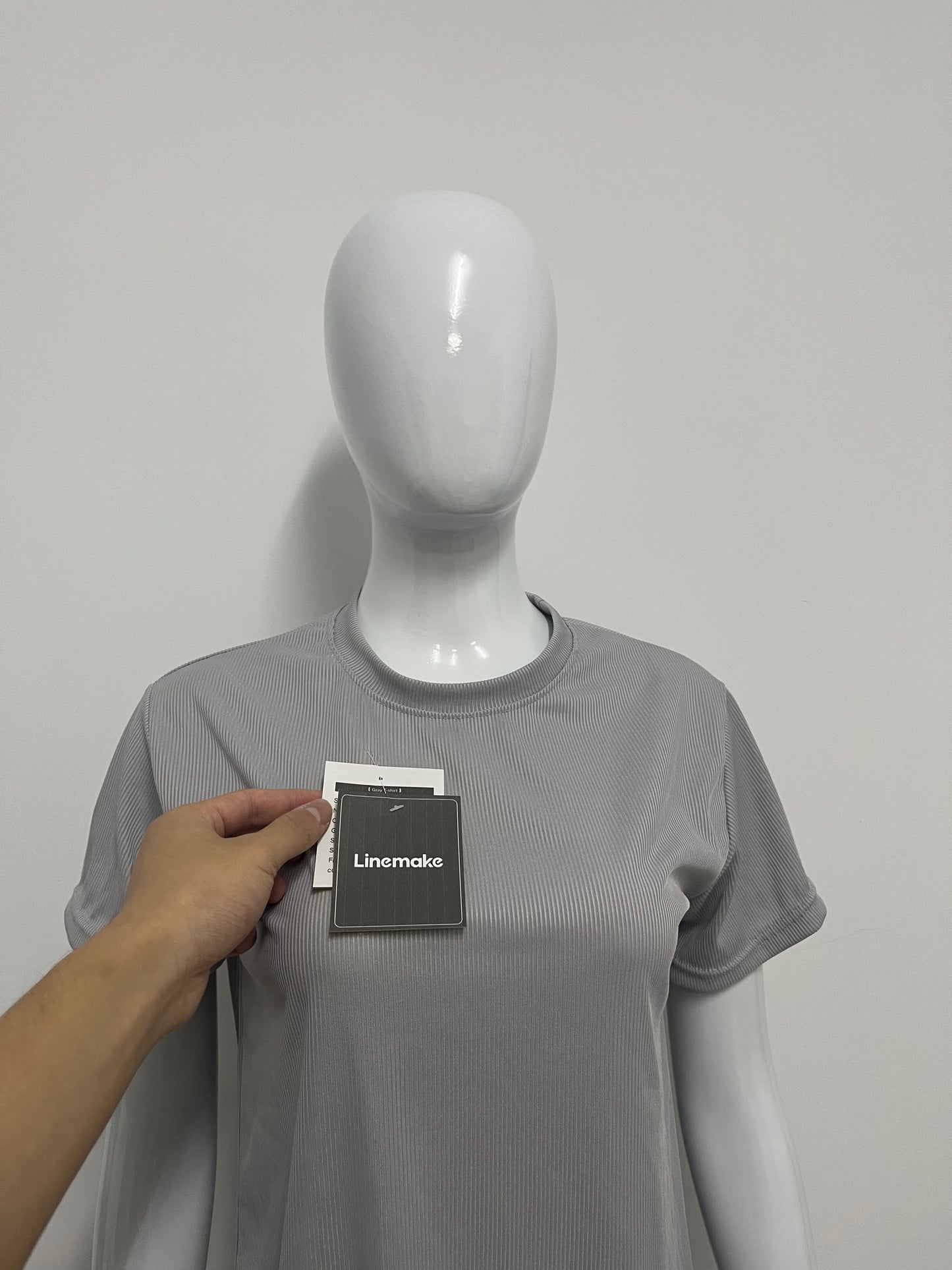 [Linemake Tee-shirts]-Light Gray Vertical Stripe Short-Sleeve Tee - Casual Slim-Fit Breathable Top