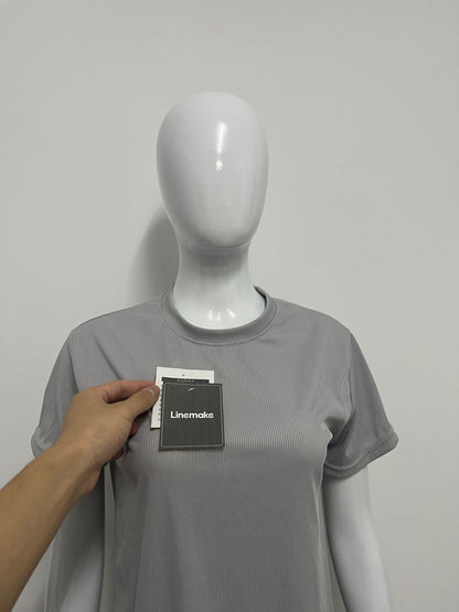 [Linemake Tee-shirts]-Light Gray Vertical Stripe Short-Sleeve Tee - Casual Slim-Fit Breathable Top