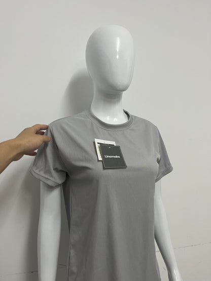 [Linemake Tee-shirts]-Light Gray Vertical Stripe Short-Sleeve Tee - Casual Slim-Fit Breathable Top