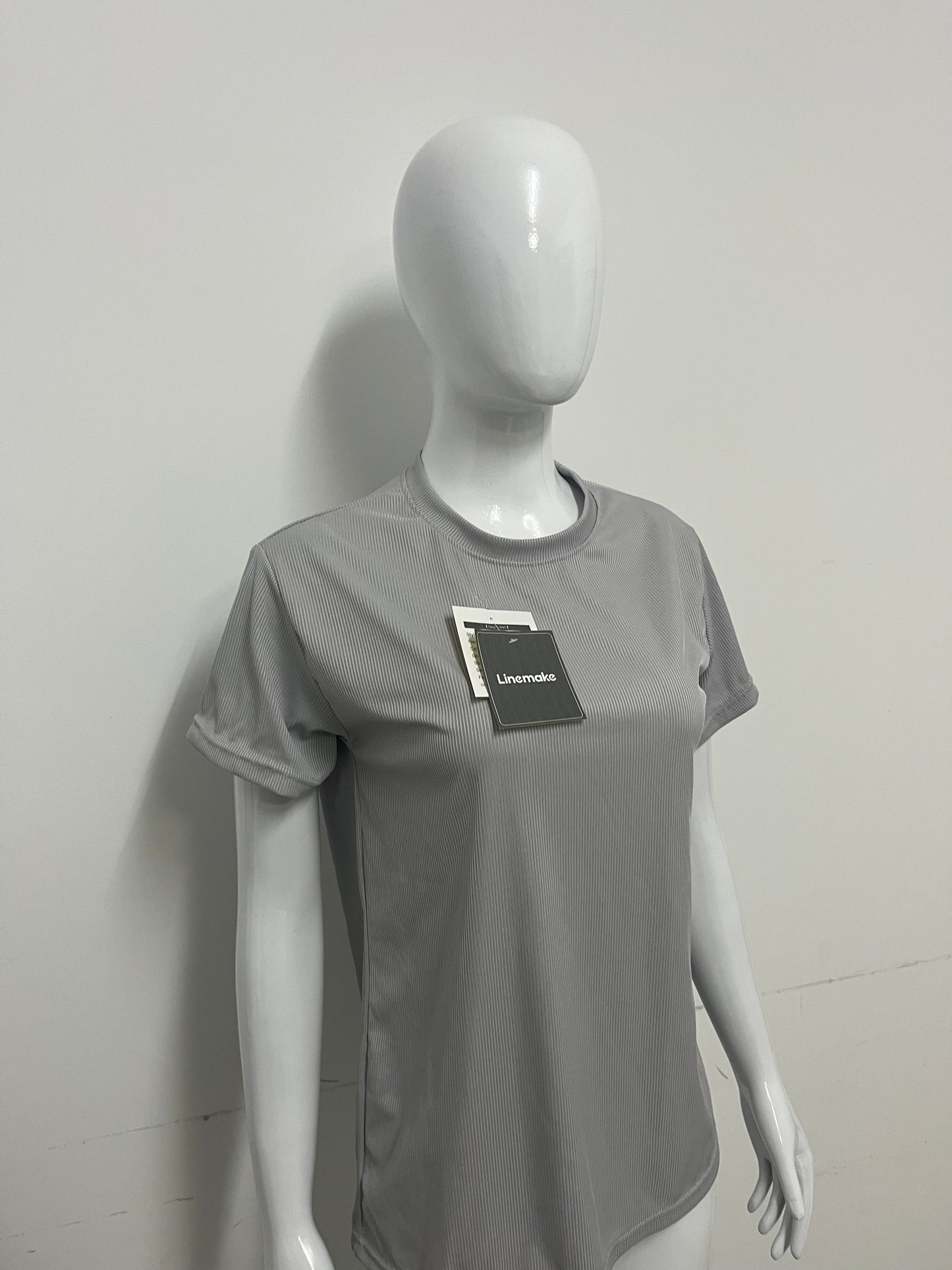 [Linemake Tee-shirts]-Light Gray Vertical Stripe Short-Sleeve Tee - Casual Slim-Fit Breathable Top