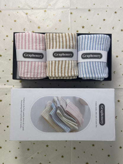 Graphenery Striped Socks High Ankle Women Cotton 3 Pairs Double-Needle Retro Style Cute Casual Crew Socks with Gifts Box Socks
