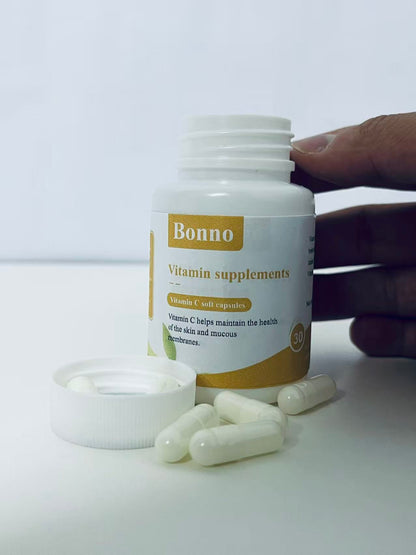 Bonno Vitamin C Capsules (30 Count) - High-Potency Vitamin C Supplement for Skin & Mucous Membrane Health, Easy-to-Absorb, Preservative-Free Daily Antioxidant Support