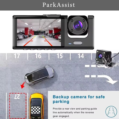 FIGCAT-Car video recorders-3 Channel Dash Cam Dashcam Front and Rear Video Recorder Three Lens Car Camera with Rear View DVR 24H Parking Monitor Black Box