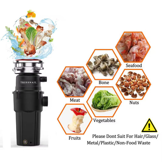 TREESNAIL-Garbage disposals-Garbage Disposal Anti-Jam Stainless Steel Food Waste Grinding System,Compact Continuous Feed Garbage Disposal for Kitchen Sink
