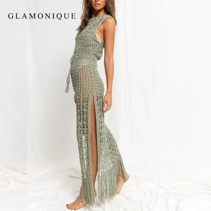 GLAMONIQUE Swimsuits Womens Crochet Swimsuit Coverup Summer Sleeveless Hollow Out Knit Crewneck Side Split Long Beach Dress