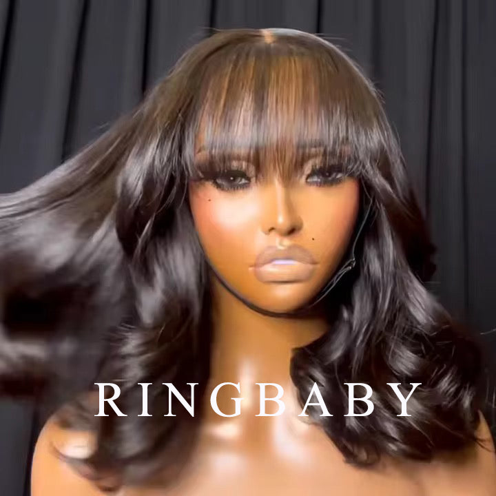 RINGBABY Wigs,Flat bangs wigs are suitable for women's medium and long curly hair styling,with full hood,natural and fashionable style