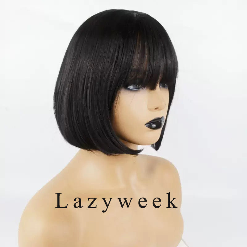 Lazyweek Wigs Synthetic Straight Short Bob Wig with Bangs for Women, Black, Cosplay Costume Daily Party Use