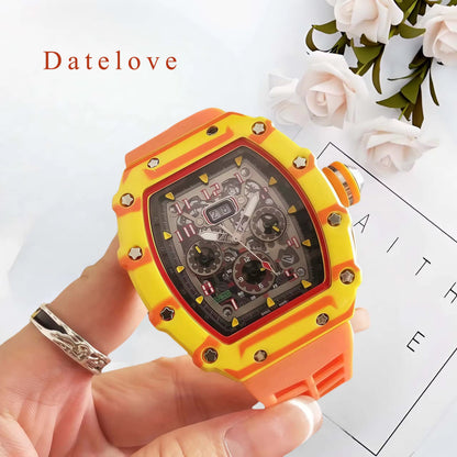 Datelove Wristwatches Luxury Tonneau Square Watches Analog Punk Chronograph Unique Sports Wrist Watch Movement Luminous Design with Rubber Band
