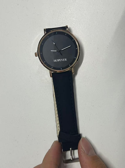 HOPEVER Minimalist Ultra-Thin Watch, Black Dial with Rose Gold Bezel, Comfortable Leather Strap, Unisex Quartz Wristwatch