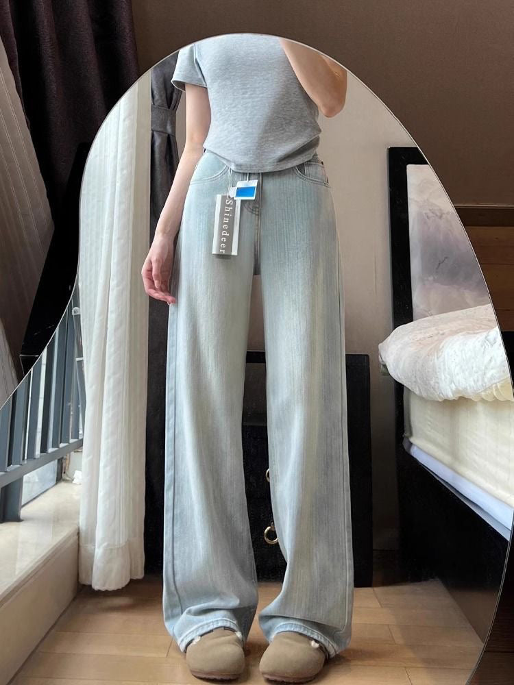 Shinedeer Pants Women Casual High Waist Wide Leg Jeans Stretch Long Trousers Denim Pants