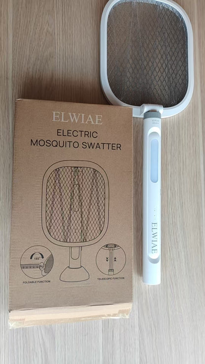 ELWIAE Foldable & Telescopic Electric Mosquito Swatter, 2-in-1 UV Mosquito Killer Lamp, Rechargeable Fly Zapper with 3-Layer Safety Mesh, Long-Lasting Lithium Battery, Base & LED Light, Physical Pest Control for Home Use