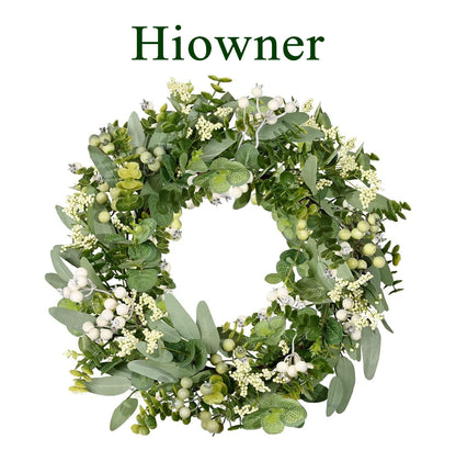 Hiowner Artificial wreaths,Artificial Spring Summer Greenery Wreaths for Front Door Green Eucalyptus Leaf Wreath Decor Boxwood with Big Berries for Farmhouse Outside Year Round