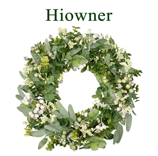 Hiowner Artificial wreaths,Artificial Spring Summer Greenery Wreaths for Front Door Green Eucalyptus Leaf Wreath Decor Boxwood with Big Berries for Farmhouse Outside Year Round