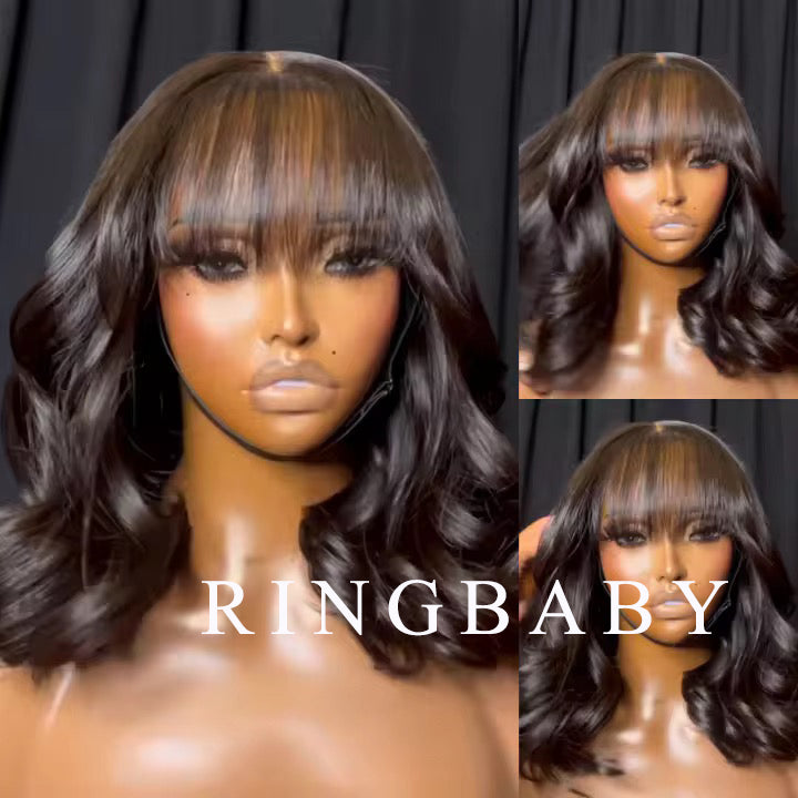RINGBABY Wigs,Flat bangs wigs are suitable for women's medium and long curly hair styling,with full hood,natural and fashionable style