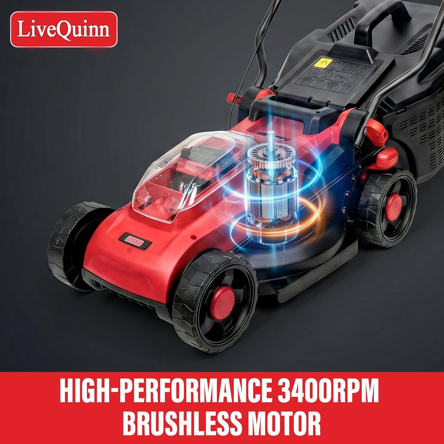LiveQuinn Electric Lawn Mower, 13-Inch Cutting Width, 4 Adjustable Cutting Heights, 8-Gallon Grass Collection Bag, 3400RPM Brushless Motor, Home Yard Lawn Trimmer