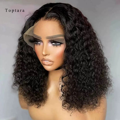 Toptara Wigs Glue free Precut 4x4 Lace Front wig Female Hair Glue free 180% Density Water Bob Wig Human Hair Beginner Curl Front Wig Black