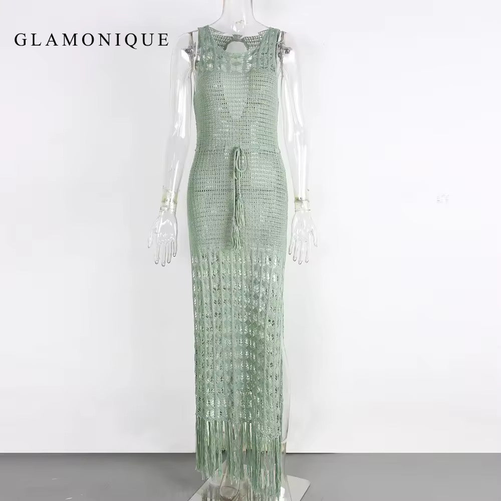 GLAMONIQUE Swimsuits Womens Crochet Swimsuit Coverup Summer Sleeveless Hollow Out Knit Crewneck Side Split Long Beach Dress