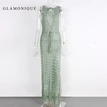 GLAMONIQUE Swimsuits Womens Crochet Swimsuit Coverup Summer Sleeveless Hollow Out Knit Crewneck Side Split Long Beach Dress