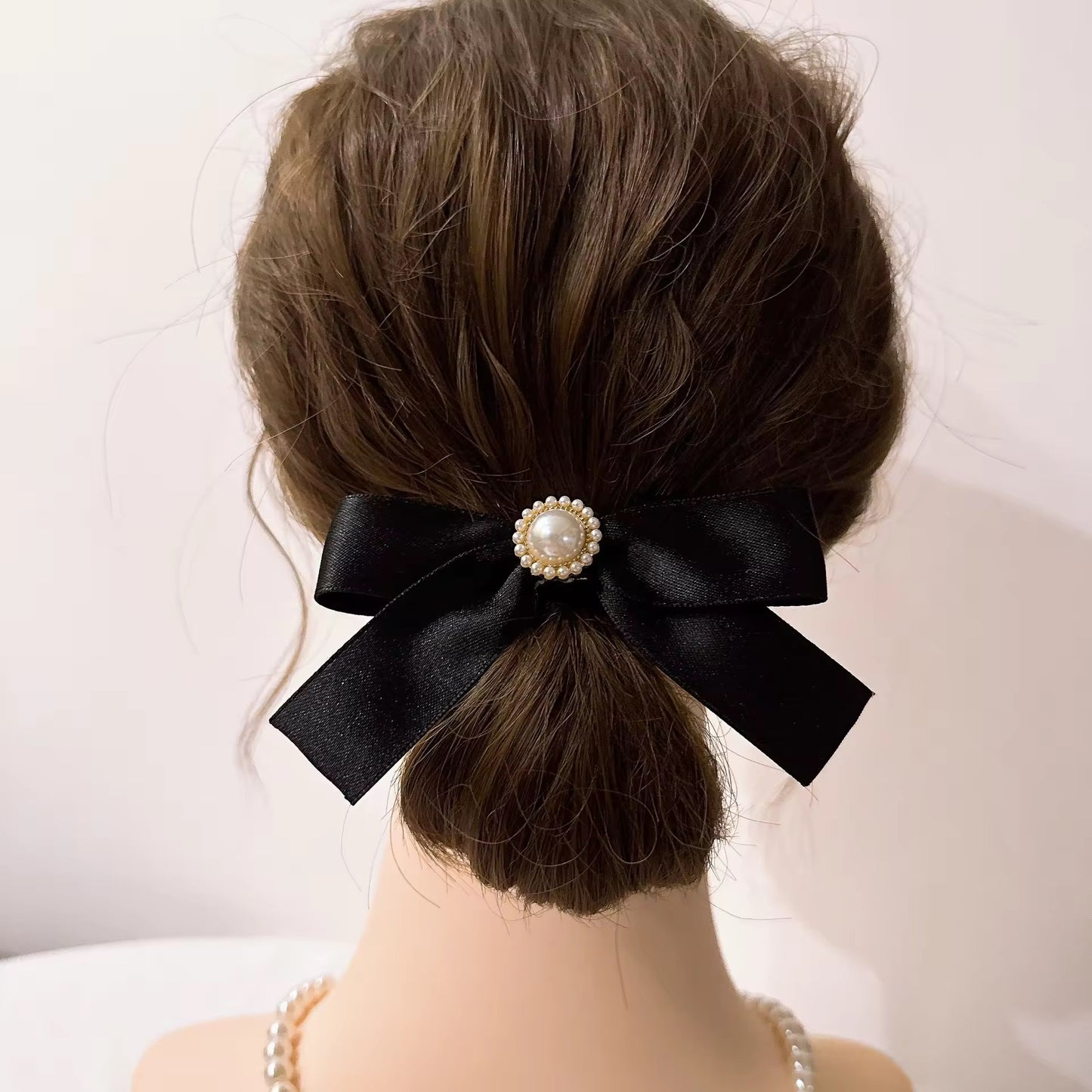 RAMISS Hair bows,Black bow hairband with pearls, elegant design, classic ponytail accessory
