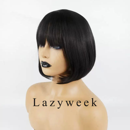 Lazyweek Wigs Synthetic Straight Short Bob Wig with Bangs for Women, Black, Cosplay Costume Daily Party Use