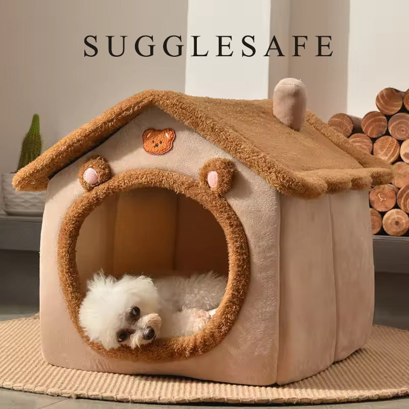 SUGGLESAFE beds for household pets Dog House Dog Bed with Cover Cave with Non-Slip Bottom, M Size Tent Bed Up to 15 lbs Cat and Puppy, Brown