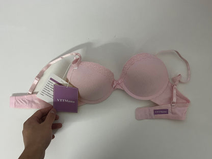 VTTMama Women's Underwear - Pink Ribbed Cotton Bra with Lace Trim, Comfortable & Supportive, Breathable Skin-Friendly Daily Lingerie