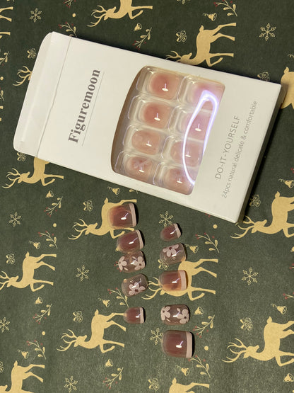 Figuremoon Spring Flower Press on Nails Gradient Medium False Nails 24 Pcs Glossy Pink Plum Blossom Acrylic Fake Nails Gel Glue on Nails Stick on Nails for Coquette Women Girls