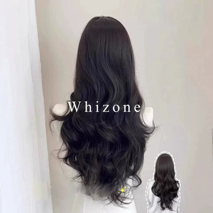 Whizone Wigs Long Wavy Curly Synthetic fiber Side Bangs Anime Fashion Party Hair Wig (Black)