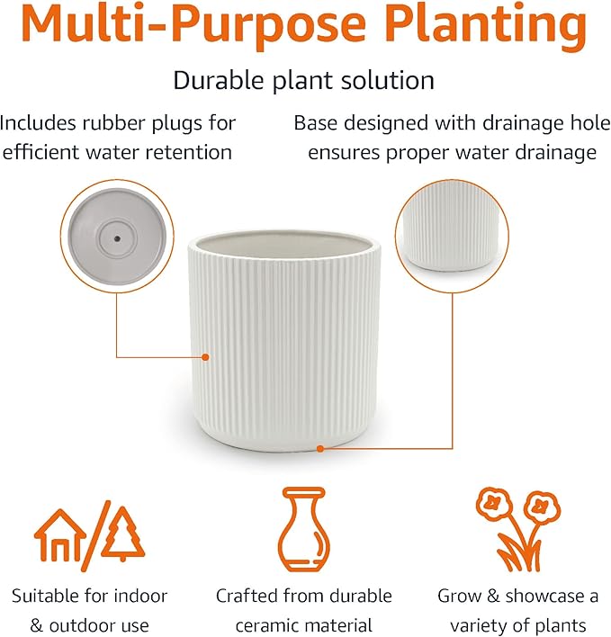Lazyweek Flowerpots Basics Fluted Ceramic Planter White 8-lnch
