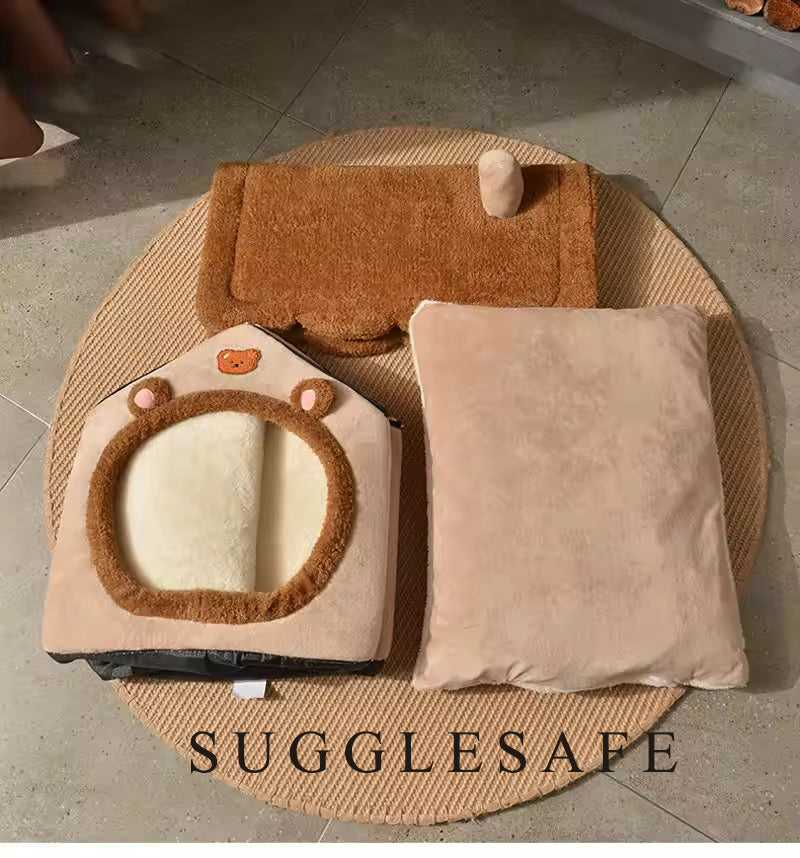 SUGGLESAFE beds for household pets Dog House Dog Bed with Cover Cave with Non-Slip Bottom, M Size Tent Bed Up to 15 lbs Cat and Puppy, Brown