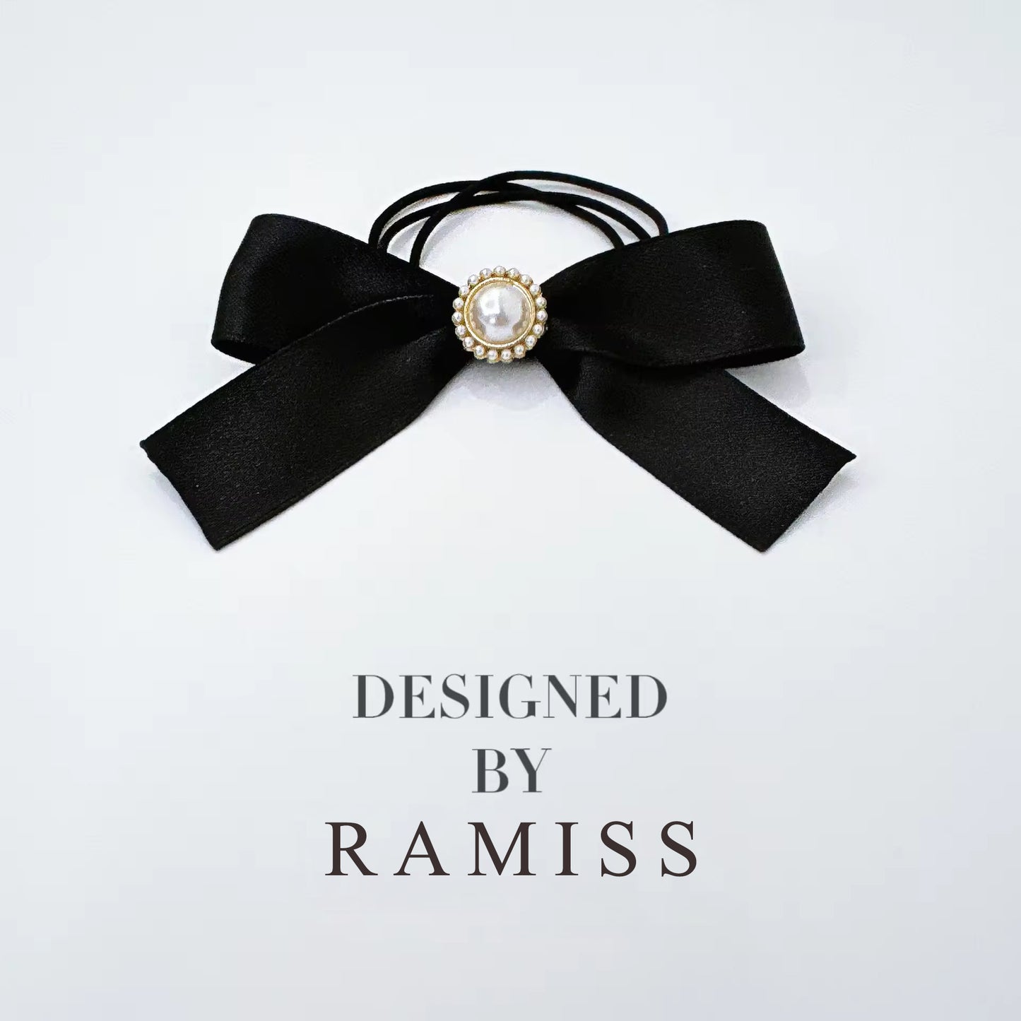 RAMISS Hair bows,Black bow hairband with pearls, elegant design, classic ponytail accessory