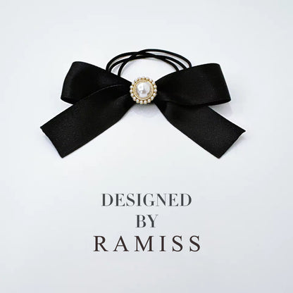 RAMISS Hair bows,Black bow hairband with pearls, elegant design, classic ponytail accessory