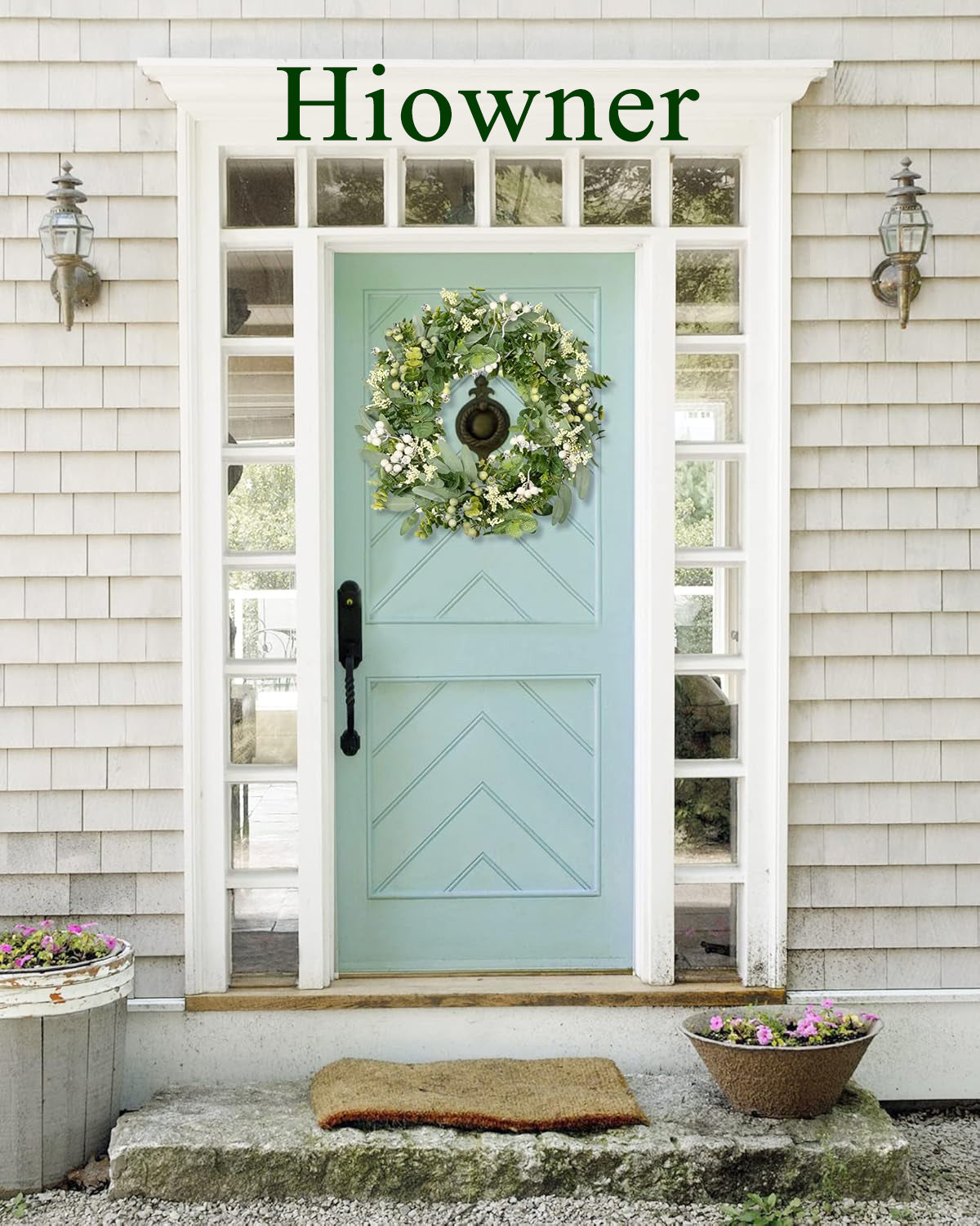 Hiowner Artificial wreaths,Artificial Spring Summer Greenery Wreaths for Front Door Green Eucalyptus Leaf Wreath Decor Boxwood with Big Berries for Farmhouse Outside Year Round