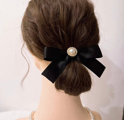 RAMISS Hair bows,Black bow hairband with pearls, elegant design, classic ponytail accessory