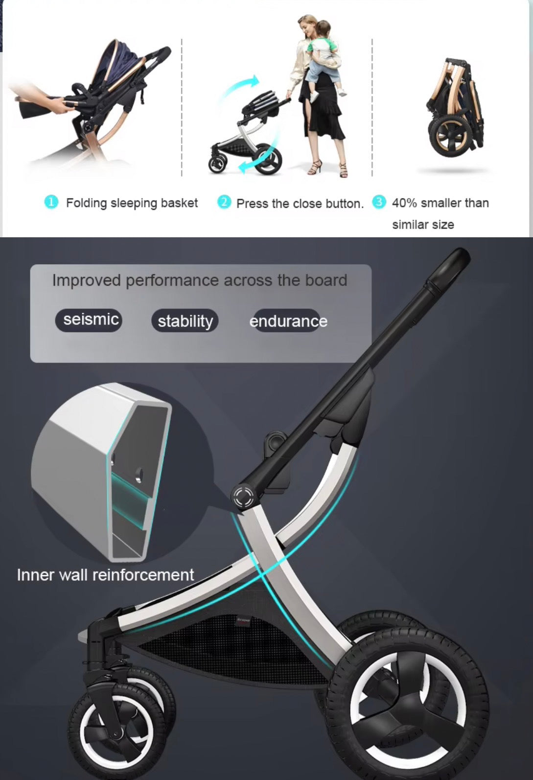SPARKLION Baby strollers Newborns and up 2-in-1 Infant Newborn Toddler Pram Convertible Foldable Standard Baby Carriage for 0-36 Months Old Babies(Black)