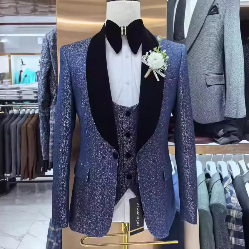 GLAMONIQUE Suits Men's Brilliant Silk Blazer for Casual Groom Party,Shawl Lapel One Button Suit Jacket