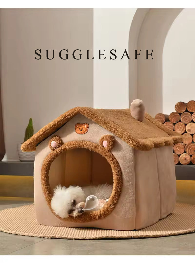 SUGGLESAFE beds for household pets Dog House Dog Bed with Cover Cave with Non-Slip Bottom, M Size Tent Bed Up to 15 lbs Cat and Puppy, Brown