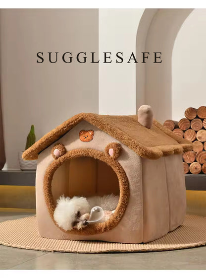 SUGGLESAFE beds for household pets Dog House Dog Bed with Cover Cave with Non-Slip Bottom, M Size Tent Bed Up to 15 lbs Cat and Puppy, Brown