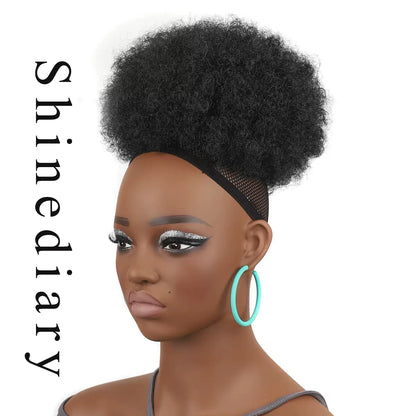 Shinediary Wigs Afro Puff Drawstring Ponytail For Black Women, 8 Inch Nature High Puff HairStyle With Clip Black Curly Afro Messy Hair Bun Synthetic Updo Hair for Women,Girls(1B)
