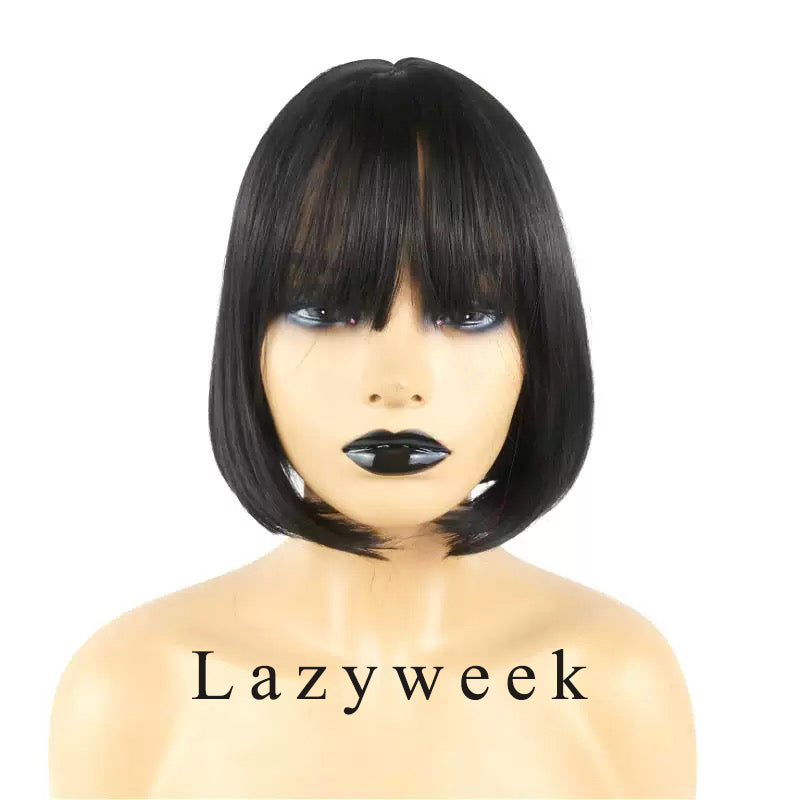 Lazyweek Wigs Synthetic Straight Short Bob Wig with Bangs for Women, Black, Cosplay Costume Daily Party Use