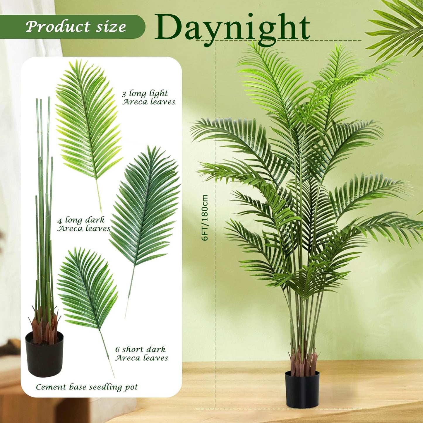 Daynight Artificial plants,other than Christmas trees,6ft(180cm) Artificial Palm Tree for Home Decor, 6 Feet Faux Plant Fake Silk Tropical Kentia Areca Trees with Pot for Indoor Outdoor House Living Room Office Porch Garden (6 ft Tall)