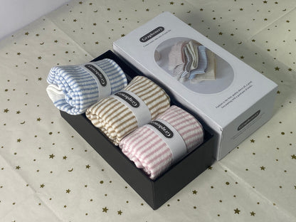 Graphenery Striped Socks High Ankle Women Cotton 3 Pairs Double-Needle Retro Style Cute Casual Crew Socks with Gifts Box Socks