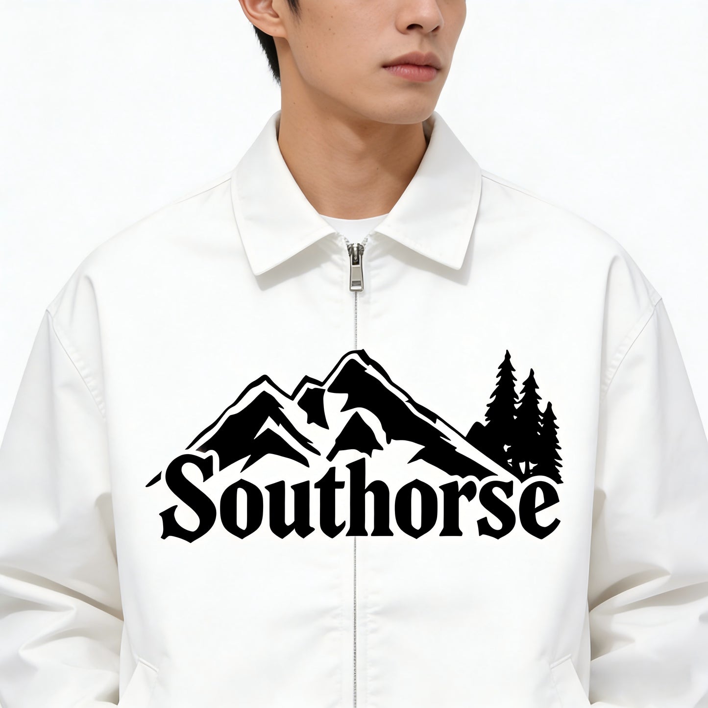 Southorse Men's Outdoor Mountain Print Anoraks Jacket, Loose Turn-Down Collar Zip-Up Casual Coat, White
