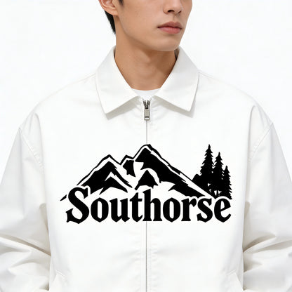Southorse Men's Outdoor Mountain Print Anoraks Jacket, Loose Turn-Down Collar Zip-Up Casual Coat, White